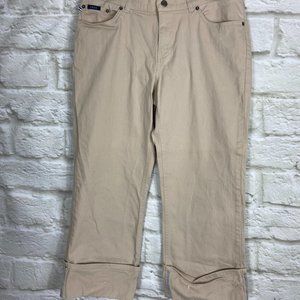 IZOD Capris Womens Size 12 Beige Stretch Denim Embroidered Pockets Folded Cuff